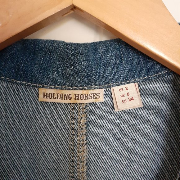 Holding Horses Denim Patchwork Short Sleeve Collar Shift Dress Blue Size 2 - Picture 3 of 15